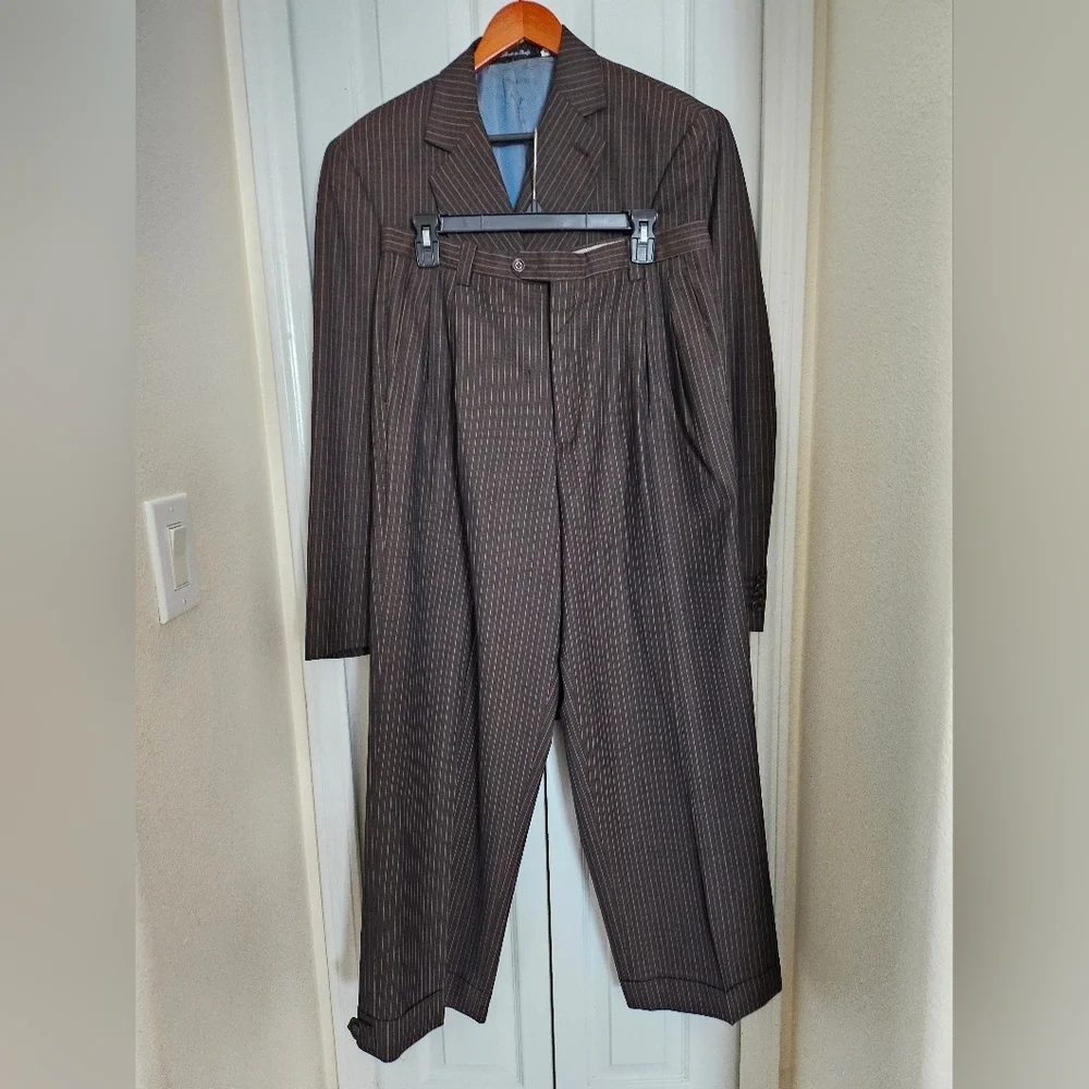 ZE Zanetti Super 140’s Wool Suit Made In Italy Brown Pinstripe Blazer Pant 42.
